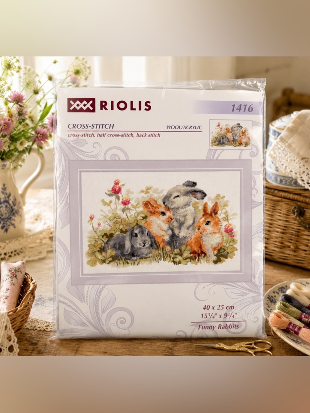 RIOLIS Funny Rabbits Cross Stitch Kit 1416 Zweigart Aida Wool Acrylic NEW
